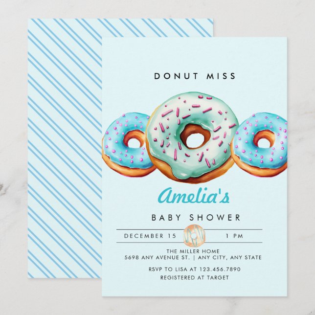 Invitación Sprinkle Donut | Cute Blue Baby Shower (Anverso / Reverso)