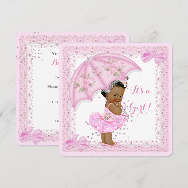 Invitación Sprinkle Ethnic Baby Shower Chica Pink Umbrella (Anverso / Reverso)