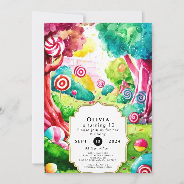 Invitación Sprinkle Watercolor Candyland Cumpleaños (Anverso)