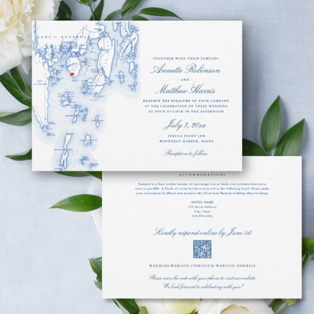Invitación Spruce Point Inn all-in-one código QR Boda RSVP (Spruce Point Maine Elegant QR Code RSVP all-in-one wedding invitation with elegant navy blue map)