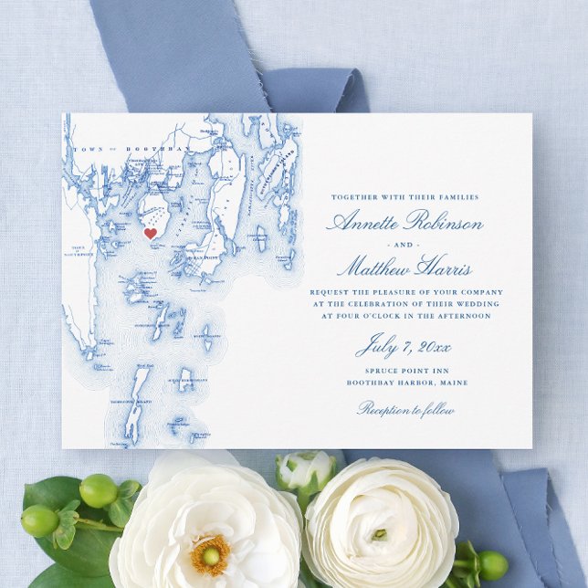 Invitación Spruce Point Inn Boothbay Maine Nave Map Boda (Spruce Point Inn Wedding Invitations with Elegant navy blue map of Boothbay Harbor Maine)