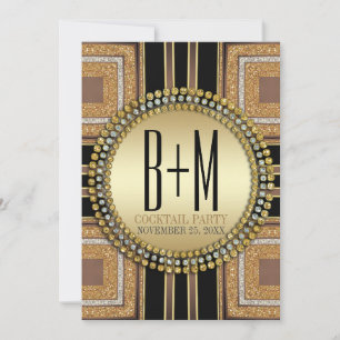 Invitación Squazi ArtDeco Dorado Negro Fiesta de Cocktail