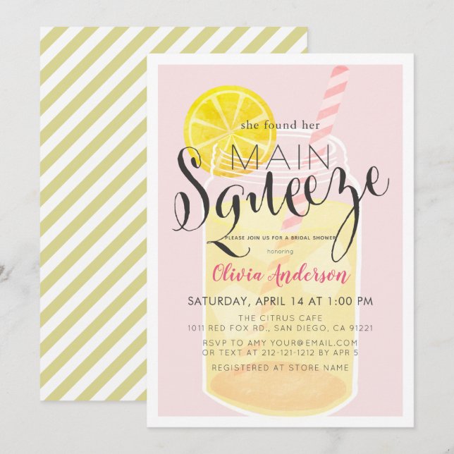 Invitación Squeeze Principal Lemonade Mason Jar Ducha De Novi (Anverso / Reverso)