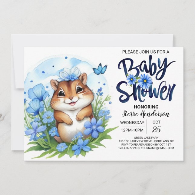 Invitación Squirrel Sweetness Floral Blue Boy Baby Shower (Anverso)