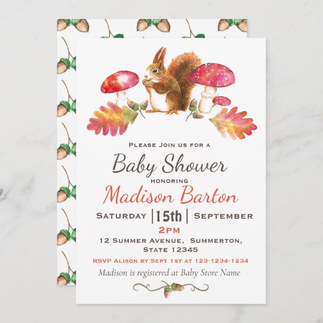 Invitación Squirrel Woodland Autumn Watercolor Baby Shower (Anverso / Reverso)