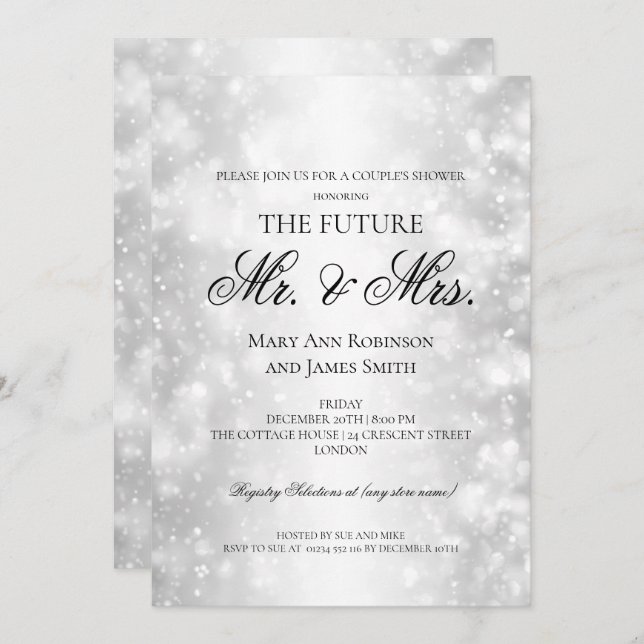 Invitación Sr. Mrs Couples Shower Silver Shimmer Luces (Anverso / Reverso)