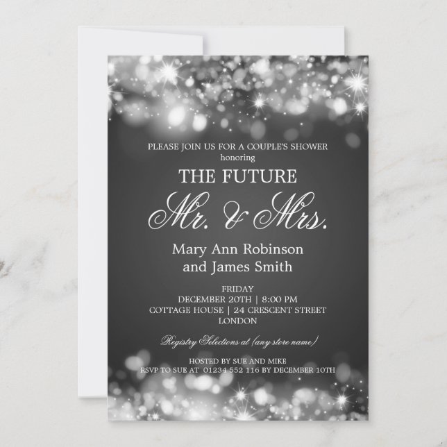 Invitación Sr. Mrs Couples Shower Silver Sparkle Lights (Anverso)