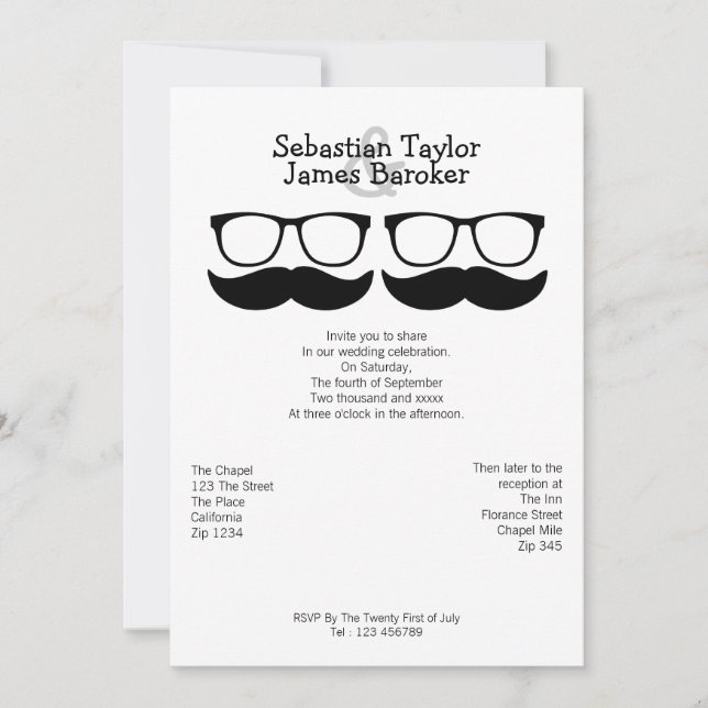 Invitación Sr. Mustache y Boda de Glasses (Anverso)