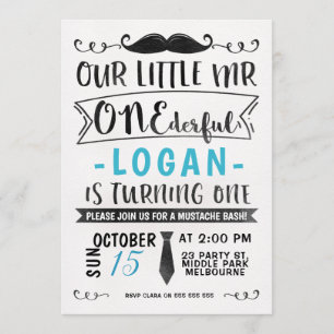 Invitación Sr. ONE-derful Birthday Invitation del negro azul