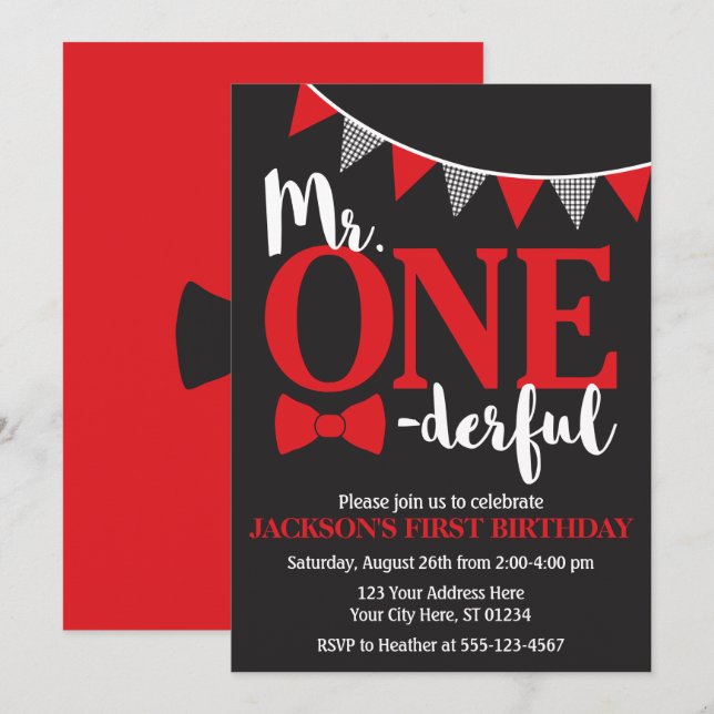 Invitación Sr. ONEderful Birthday Invitation el | negro y (Anverso / Reverso)
