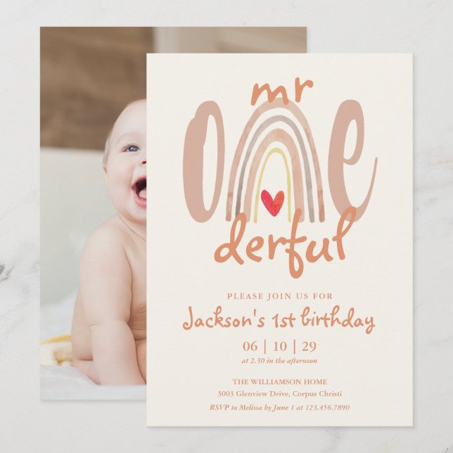 Invitación Sr Onederful Boho Arcoíris Corazón Foto Cumpleaños (Anverso / Reverso)