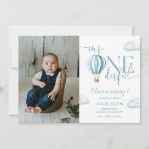 Invitación Sr. Onederful Niño Globo Azul Foto 1er Cumpleaños