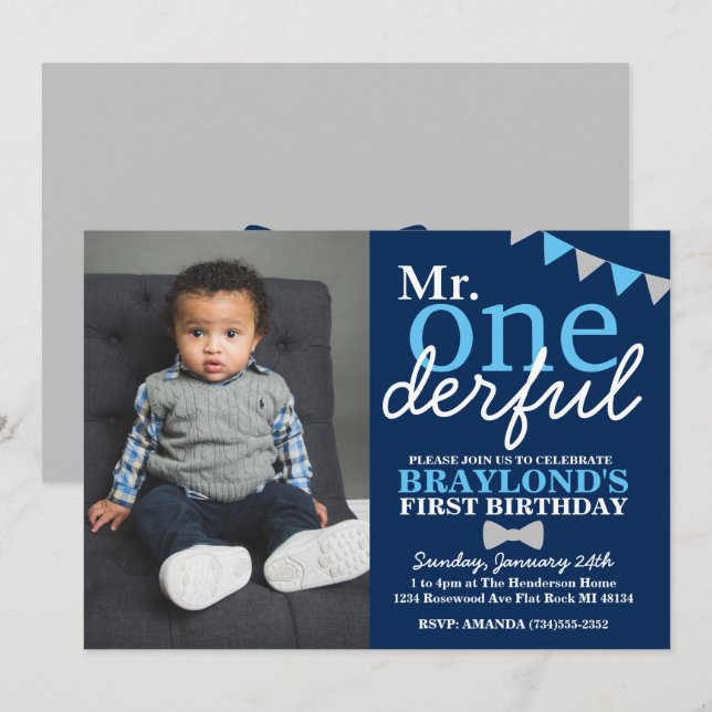 Invitación Sr. Onemaravilloso 1er cumpleaños Colores cambiabl (Anverso / Reverso)