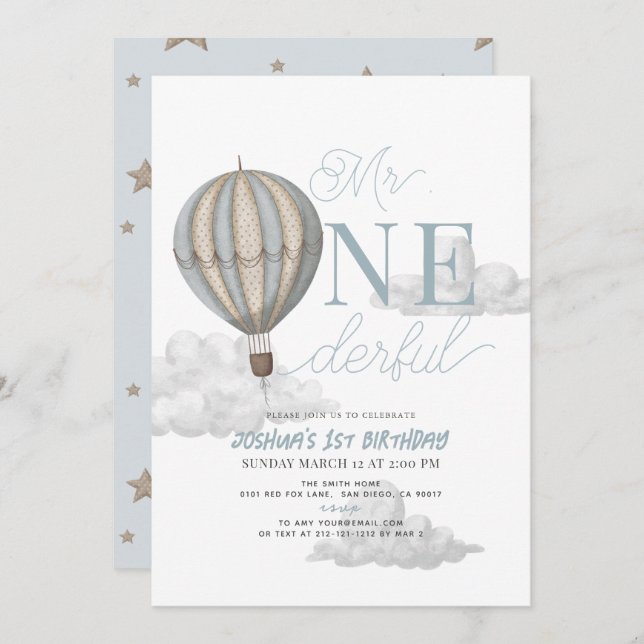 Invitación Sr. Onemaravilloso Blue Hot Air Balloon 1º cumplea (Anverso / Reverso)