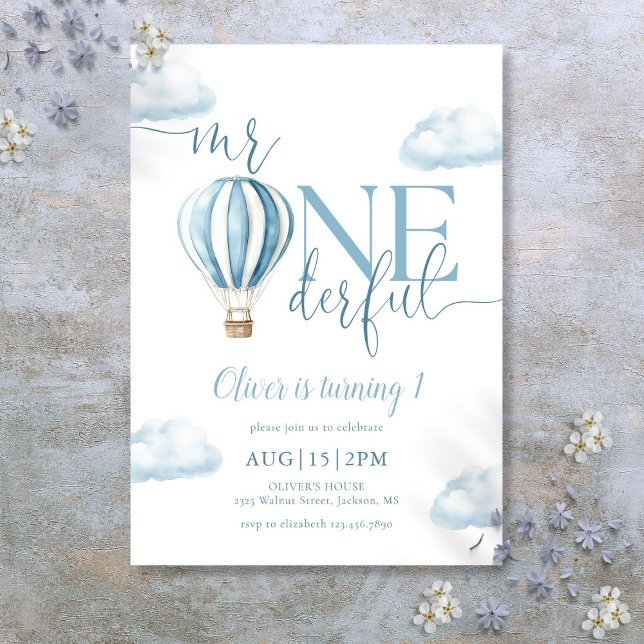 Invitación Sr. Onemaravilloso Blue Hot Air Balloon Boy 1º cum (Mr Onederful Blue Hot Air Balloon Boy 1st Birthday Invitation)