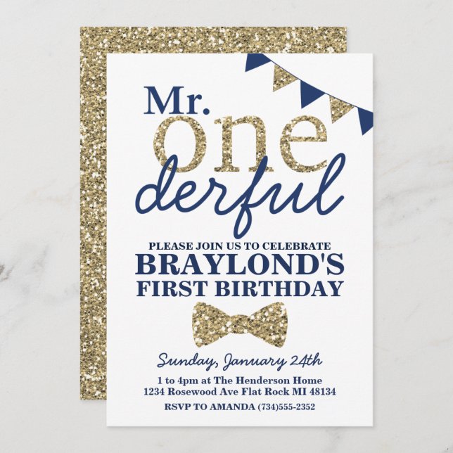 Invitación Sr. Onemaravilloso Blue y Gold Primer cumpleaños I (Anverso / Reverso)