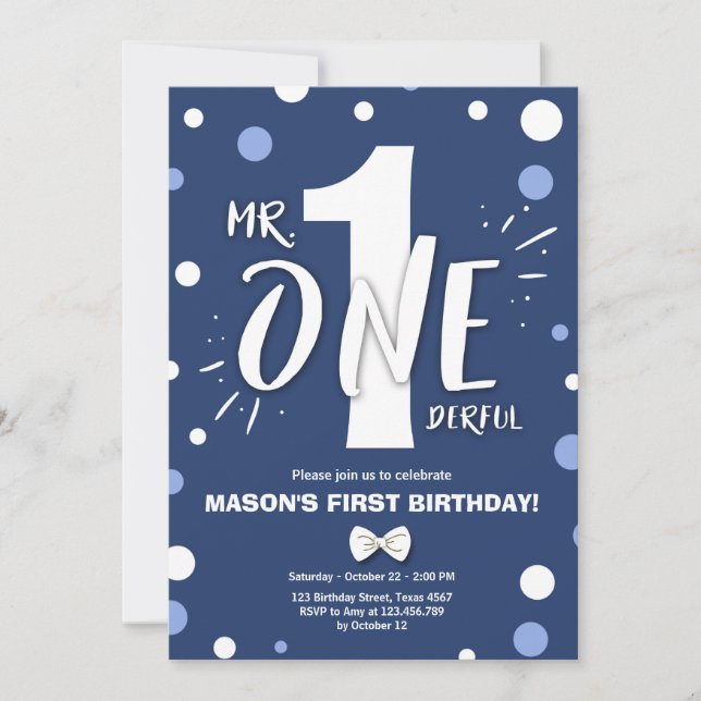 Invitación Sr. Onemaravilloso Boy Royal Blue Primer cumpleaño (Anverso)