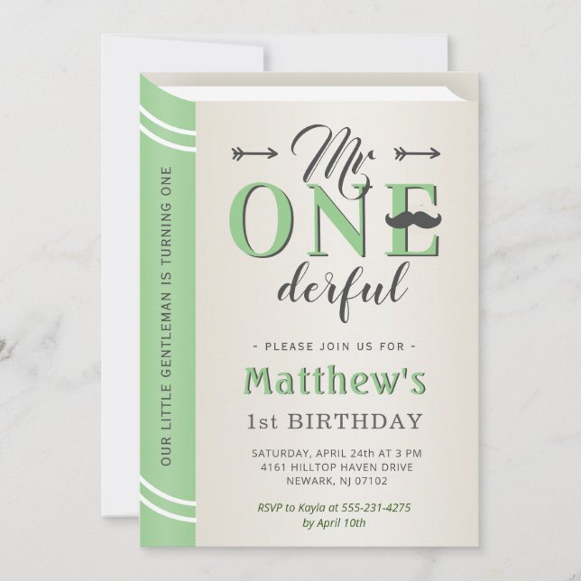 Invitación Sr. Onemaravilloso Mustache Verde Primer Cumpleaño (Anverso)