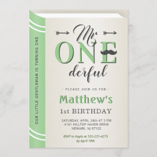 Invitación Sr. Onemaravilloso Mustache Verde Primer Cumpleaño