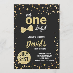 Invitación Sr. Onemaravilloso niño Primer cumpleaños Black Go