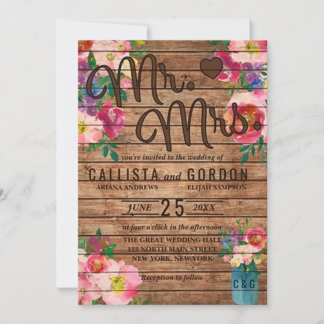 Invitación Sr. Rustic Pink Floral Wood Mason Jar Boda (Anverso)