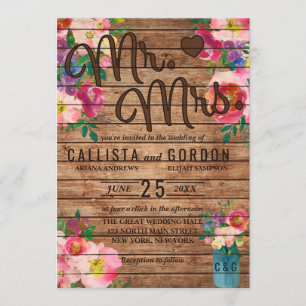 Invitación Sr. Rustic Pink Floral Wood Mason Jar Boda