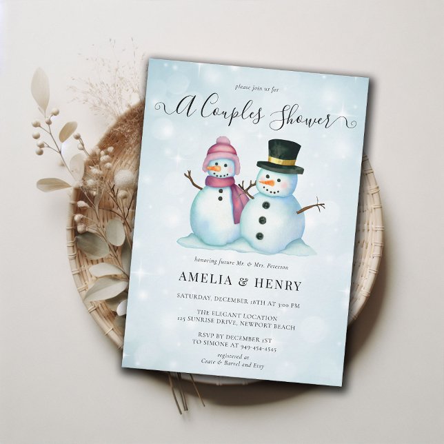 Invitación Sr. Snowman Funny Winter Couples Bridal Shower (couples shower winter bridal mr mrs snowman funny cute invitation watercolor blue pink casual coed )