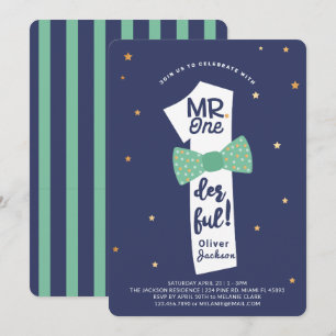 Invitación Sr. Un Maravilloso Bowtie Navy Green Primer Cumple