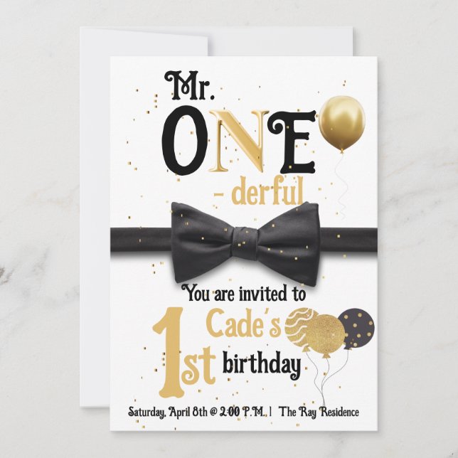 Invitación Sr. Un maravilloso negro y oro primer cumpleaños (Anverso)