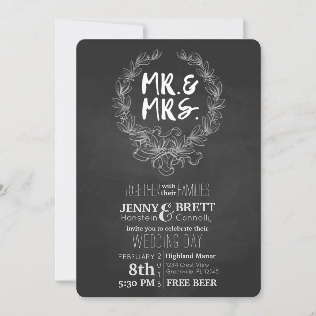 Invitación Sr. y señora Chalkboard Free Beer Wedding (Anverso)