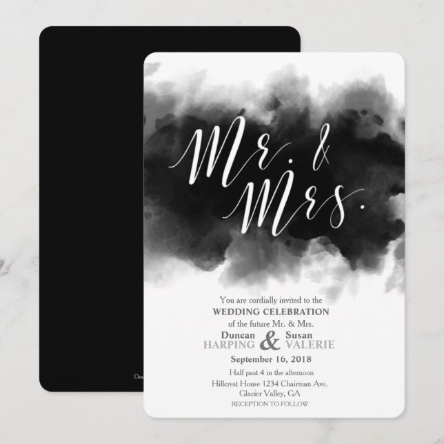 Invitación Sr. y señora oscuros Watercolor Wedding Invitation (Anverso / Reverso)