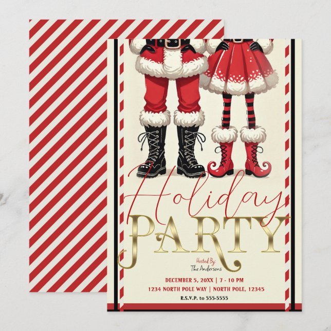 Invitación Sr. y Skinny Sra. Claus Fiesta de Vacaciones Negra (Anverso / Reverso)