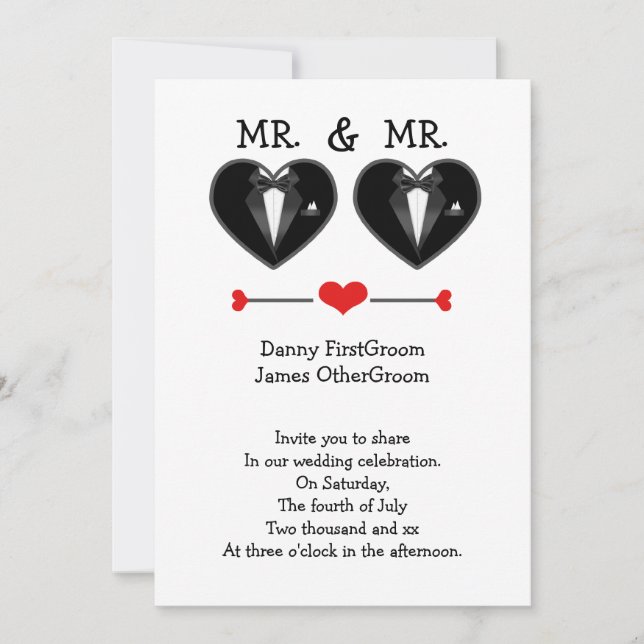 Invitación Sr. y Sr. Love Heart Tuxedo Gay Boda (Anverso)