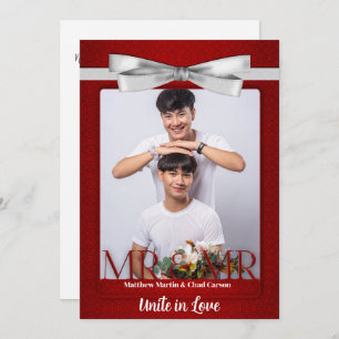 Invitación Sr. y Sr. Red Damask Two Grooms Photo Boda