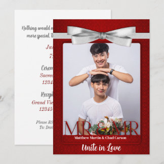 Invitación Sr. y Sr. Red Damask Two Grooms Photo Boda