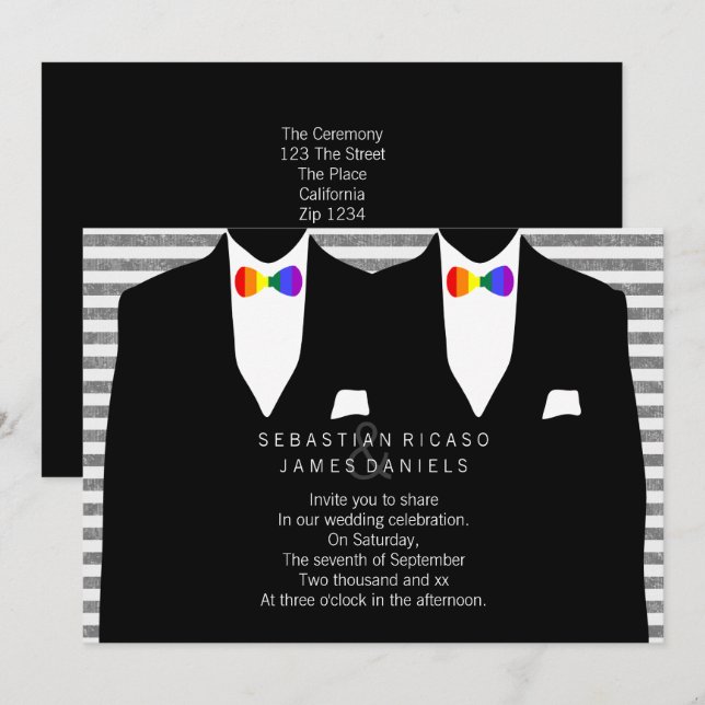 Invitación Sr. y Sr. Suit y Boda de Rainbow Bow Tie Gay (Anverso / Reverso)