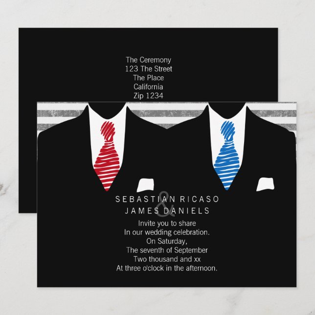 Invitación Sr. y Sr. Suit y Boda Gay Tie (Rojo Azul) (Anverso / Reverso)