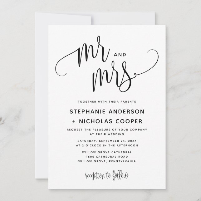 Invitación Sr. y Sra. Black Lovely Script Typography Boda (Anverso)