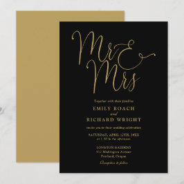 Invitación Sr. Y Sra. Elegant Script Boda Negro Y Oro