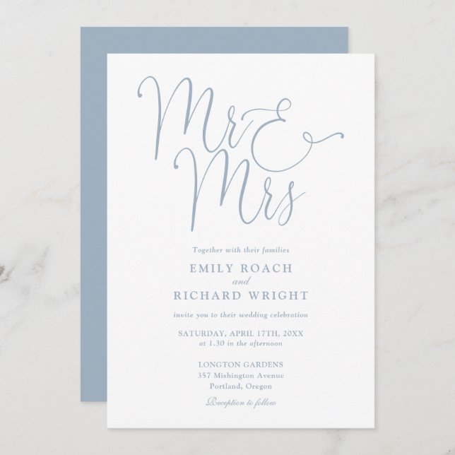Invitación Sr. Y Sra. Elegant Script Dusty Blue Boda (Anverso / Reverso)