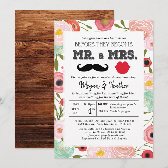 Invitación Sr. y Sra. Fresh Pink Floral Couple Engagement Inv (Anverso / Reverso)