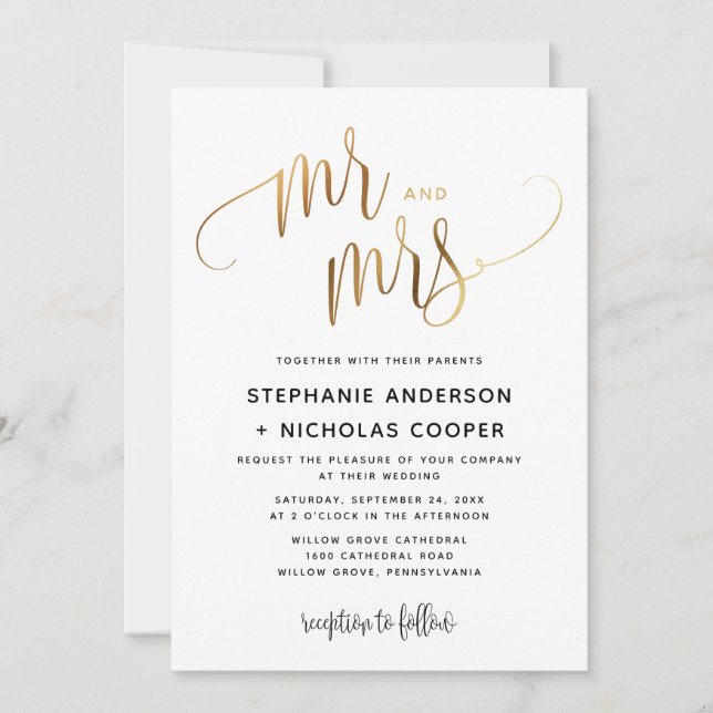 Invitación Sr. y Sra. Gold Lovely Script Typography Boda (Anverso)