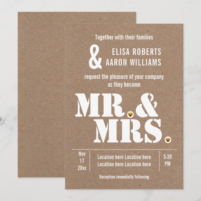 Invitación Sr. y Sra. Modern typography kraft paper boda (Anverso / Reverso)