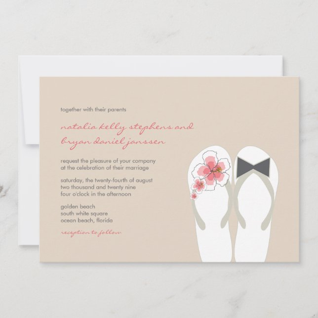 Invitación Sr. y Sra. Pink Hibiscus Flip Flops Beach Wedding (Anverso)