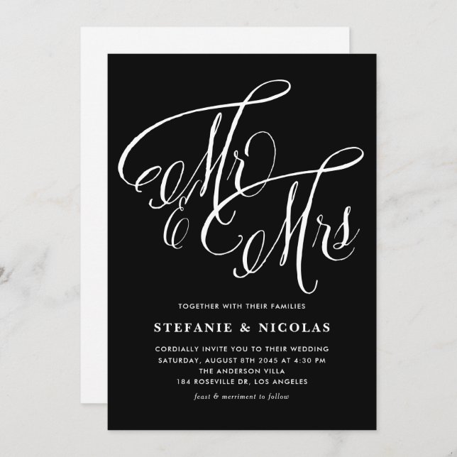 Invitación Sr. y Sra. Rustic Calligraphy Black Boda (Anverso / Reverso)