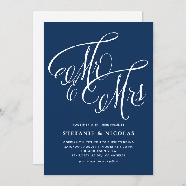 Invitación Sr. y Sra. Rustic Calligraphy Navy Blue Boda (Anverso / Reverso)