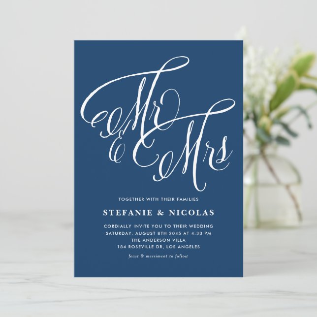 Invitación Sr. y Sra. Rustic Calligraphy Navy Blue Boda (Anverso de pie)