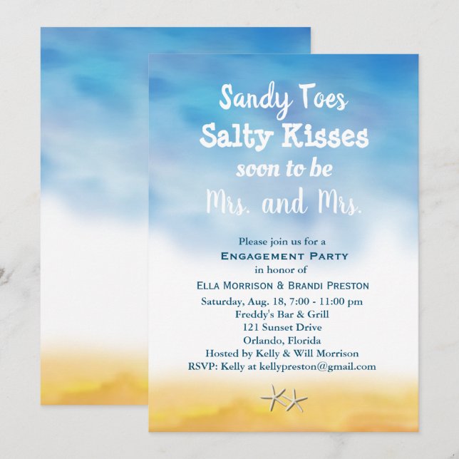Invitación Sra. y la Sra. Sandy Toes Engagement Party sky & s (Anverso / Reverso)