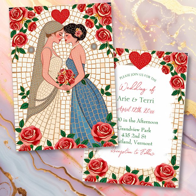 Invitación Sra. y Sra. Boda Lesbiana Mosaic Tile y Rosas (Subido por el creador)