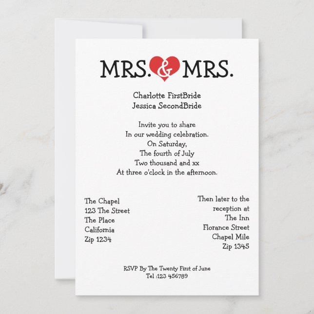 Invitación Sra. y Sra. Boda Lésbica de Love Heart (Anverso)